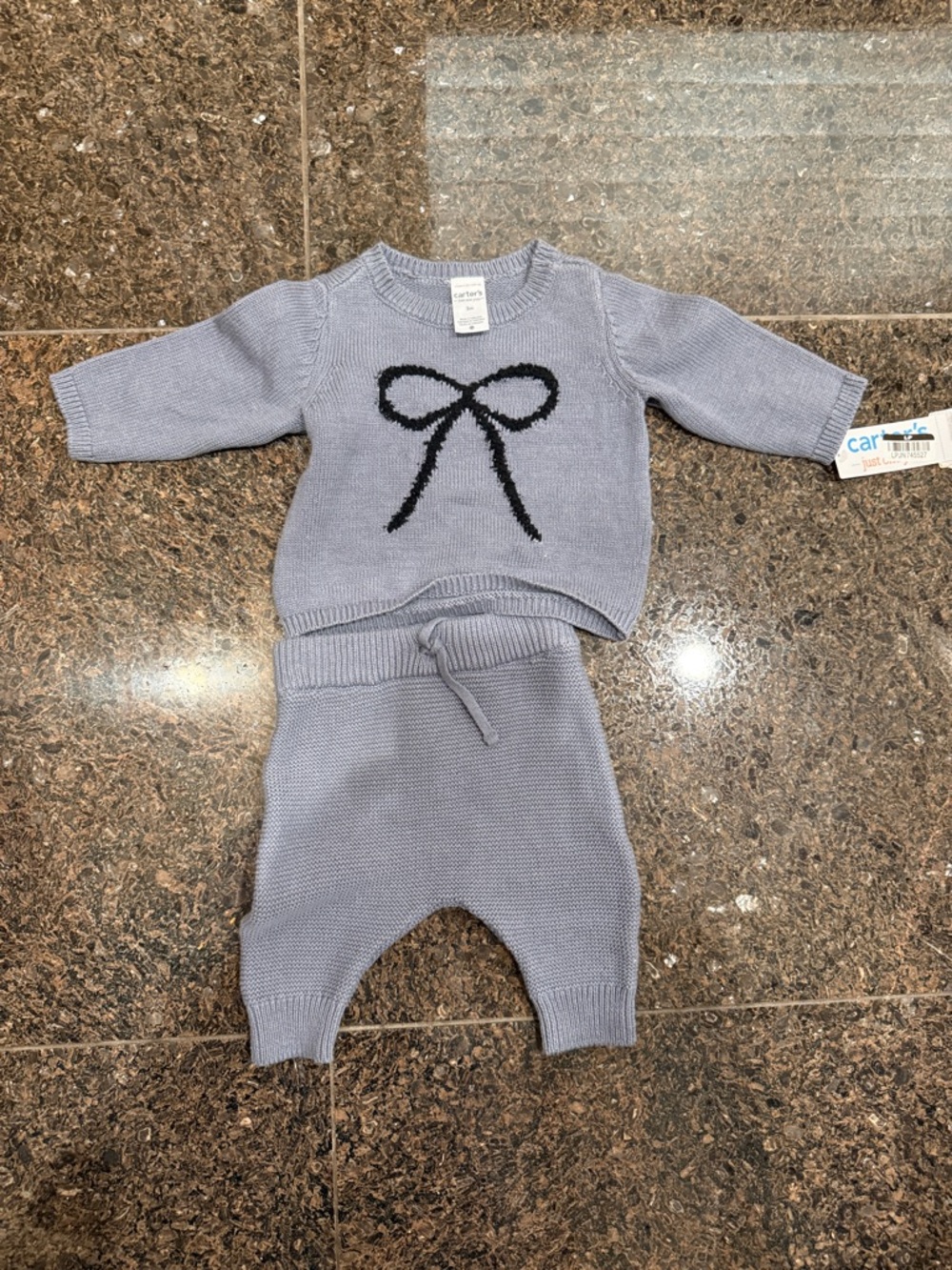Carter's Light Gray Knit Bow Sweater & Pants Set
